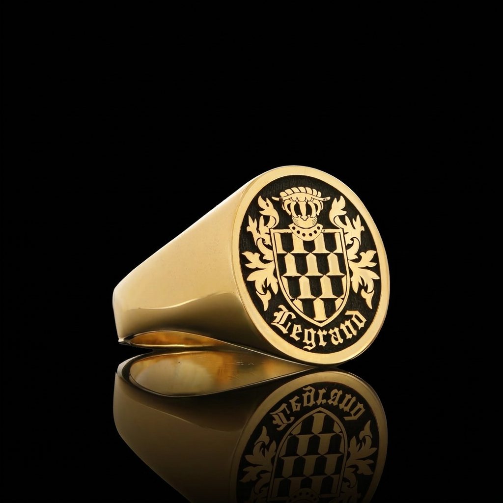 Gold signet ring engraved with a chequered coat of arms, crown and family name