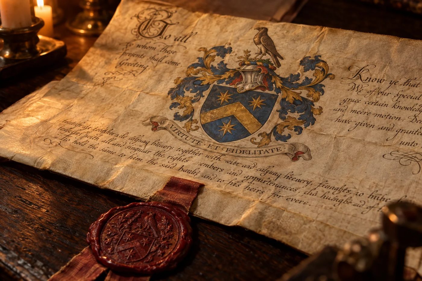 Old handwritten document with a painted coat of arms and a red wax seal