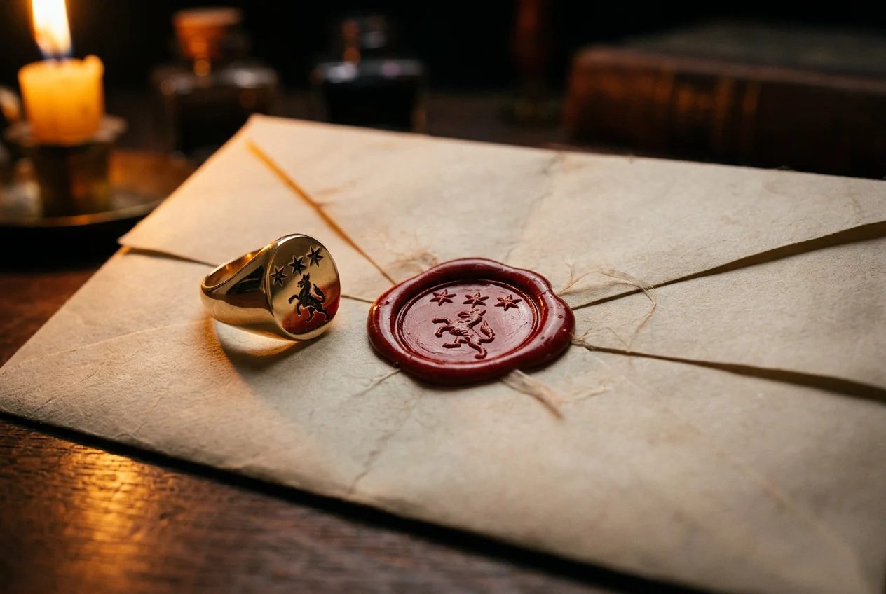 Gold signet ring resting beside its impression in red sealing wax on an old sealed letter